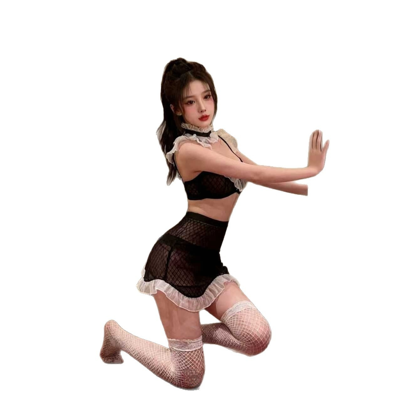 Medusa European And American Mesh Panel Patchwork Lotus-Edge Sexy Pure-and-Tempting Maid Costume For Women - Image 5