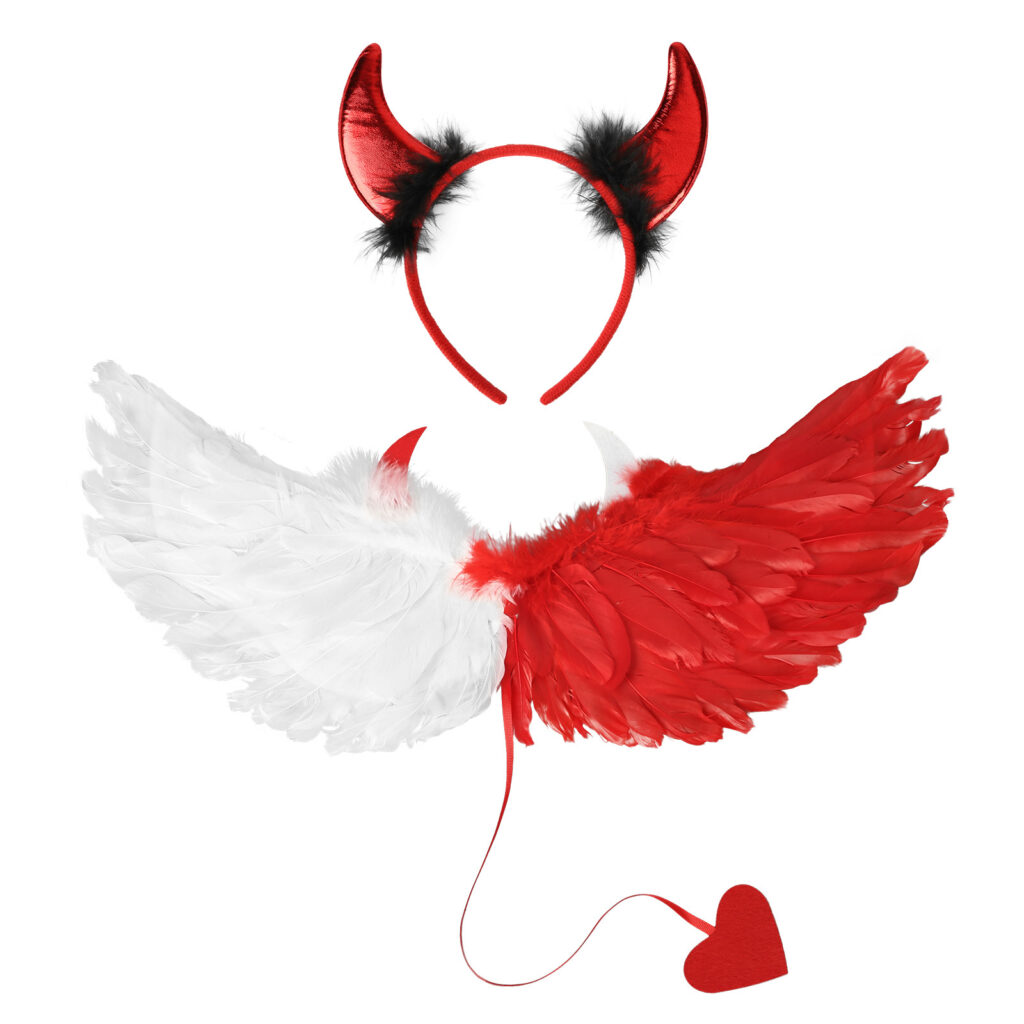 Red-and-White Feathered Wing Costume Set With Horn Headband | Theme Party Outfit—Unique Party Gifts For Adults