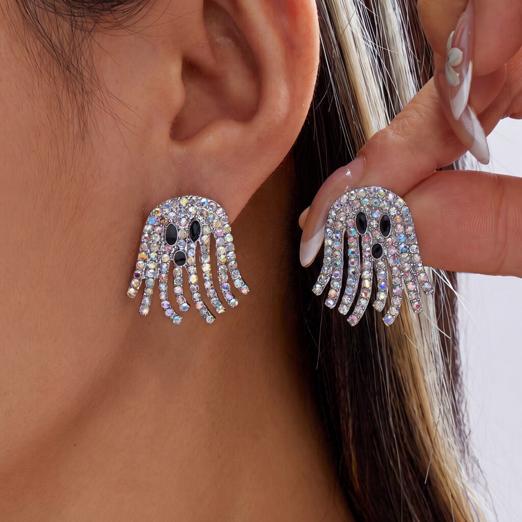 Halloween 3D Rhinestone Ghost Drop Earrings, Bling Crystal Dangle Pendant Earrings For Women, Spooky Costume Party Jewelry Accessories