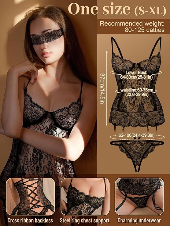 Sexy Lingerie Extreme Cosplay 4 Piece Lace Babydoll Sheer Lingerie Cosplay Etching Erotic Lingerie Fancy Dress Costume Thong Thong Stockings Black Lace Eye Mask Etching - Image 3