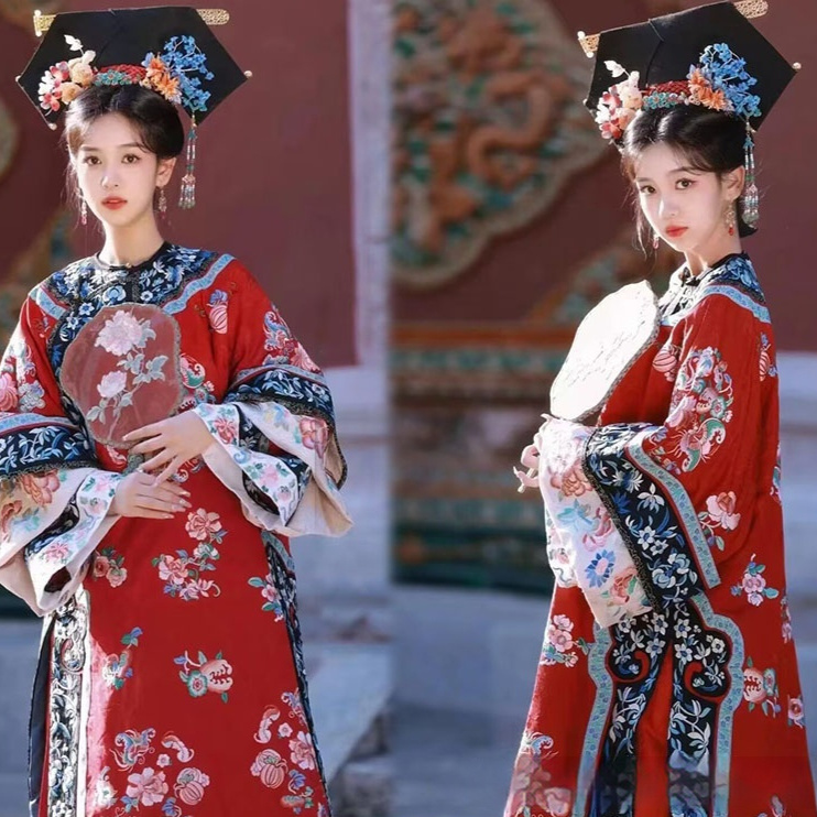 Women's Han Chinese Clothing Qing Dynasty Printed Ancient Costume Qing Dynasty Yanji Princess Cheongsam Court Princess Dress Two-piece Set - Image 7