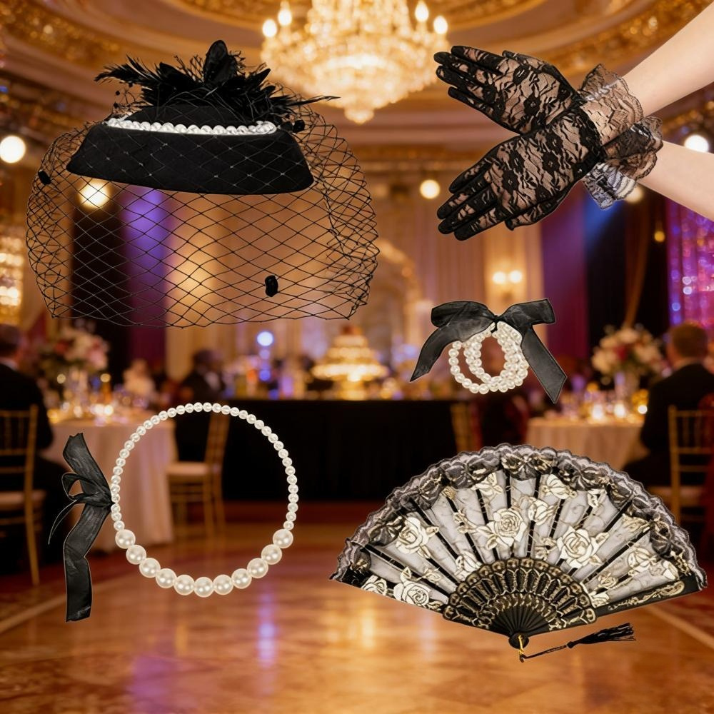 Black Costume Accessory Set - Fishnet Hairpiece, Fan, Gloves, And Pearl Jewelry - Party Decorations