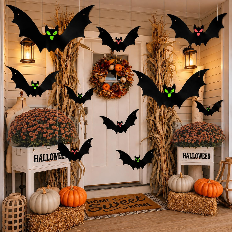12-Pack Hanging Bat Halloween Decorations 3 Assorted Sizes - Weather-Resistant Flying Bat Decor For Outdoor Yard, Trees & Indoor Party