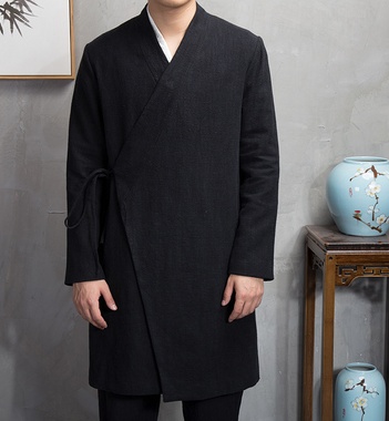 Spring national costume Chinese style ancient cotton and linen slanting Hanfu men's japan meditation jacket long traditional trench coat - Image 3