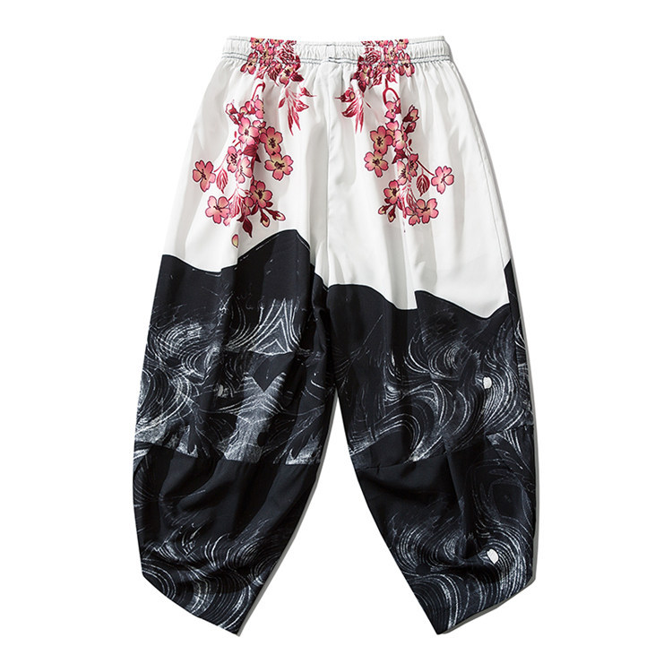 Bebovizi Japanese Style Harajuku Men Trousers Sakura Samurai Costume Loose