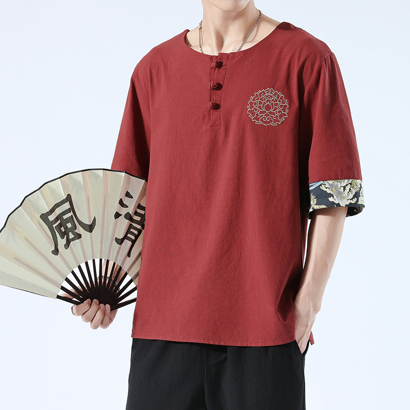 Japanesex Kimonos Summer 6 Colors Short-Sleeved T-shirt Harajuku Yukata Japan Embroidered Linen Men Shirts Trousers Asian Costume - Image 2