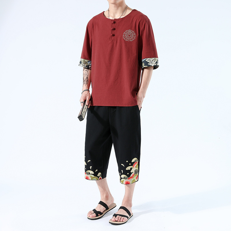 Japanesex Kimonos Summer 6 Colors Short-Sleeved T-shirt Harajuku Yukata Japan Embroidered Linen Men Shirts Trousers Asian Costume - Image 9