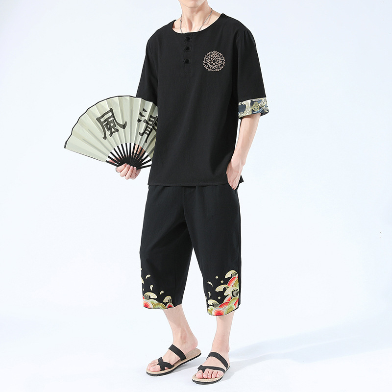 Japanesex Kimonos Summer 6 Colors Short-Sleeved T-shirt Harajuku Yukata Japan Embroidered Linen Men Shirts Trousers Asian Costume - Image 7
