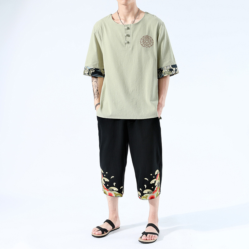 Japanesex Kimonos Summer 6 Colors Short-Sleeved T-shirt Harajuku Yukata Japan Embroidered Linen Men Shirts Trousers Asian Costume - Image 8