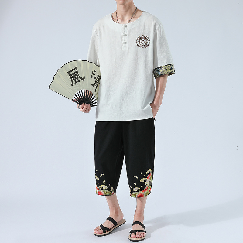 Japanesex Kimonos Summer 6 Colors Short-Sleeved T-shirt Harajuku Yukata Japan Embroidered Linen Men Shirts Trousers Asian Costume - Image 6