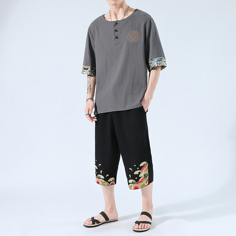 Japanesex Kimonos Summer 6 Colors Short-Sleeved T-shirt Harajuku Yukata Japan Embroidered Linen Men Shirts Trousers Asian Costume - Image 10
