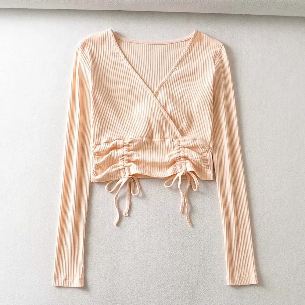 Autumn Lace Ultra Short Solid Color V-neck Umbilical Cord Drawstring Long T Flamingo Costume