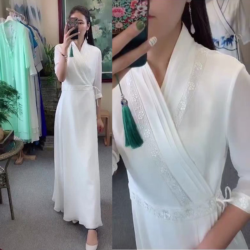 Improved Hanfu Female Chinese Style Zen Clothing Tea Clothing Female Collar Ancient Costume Daily Fairy Ancient Style Dress Waist Summer - Image 4