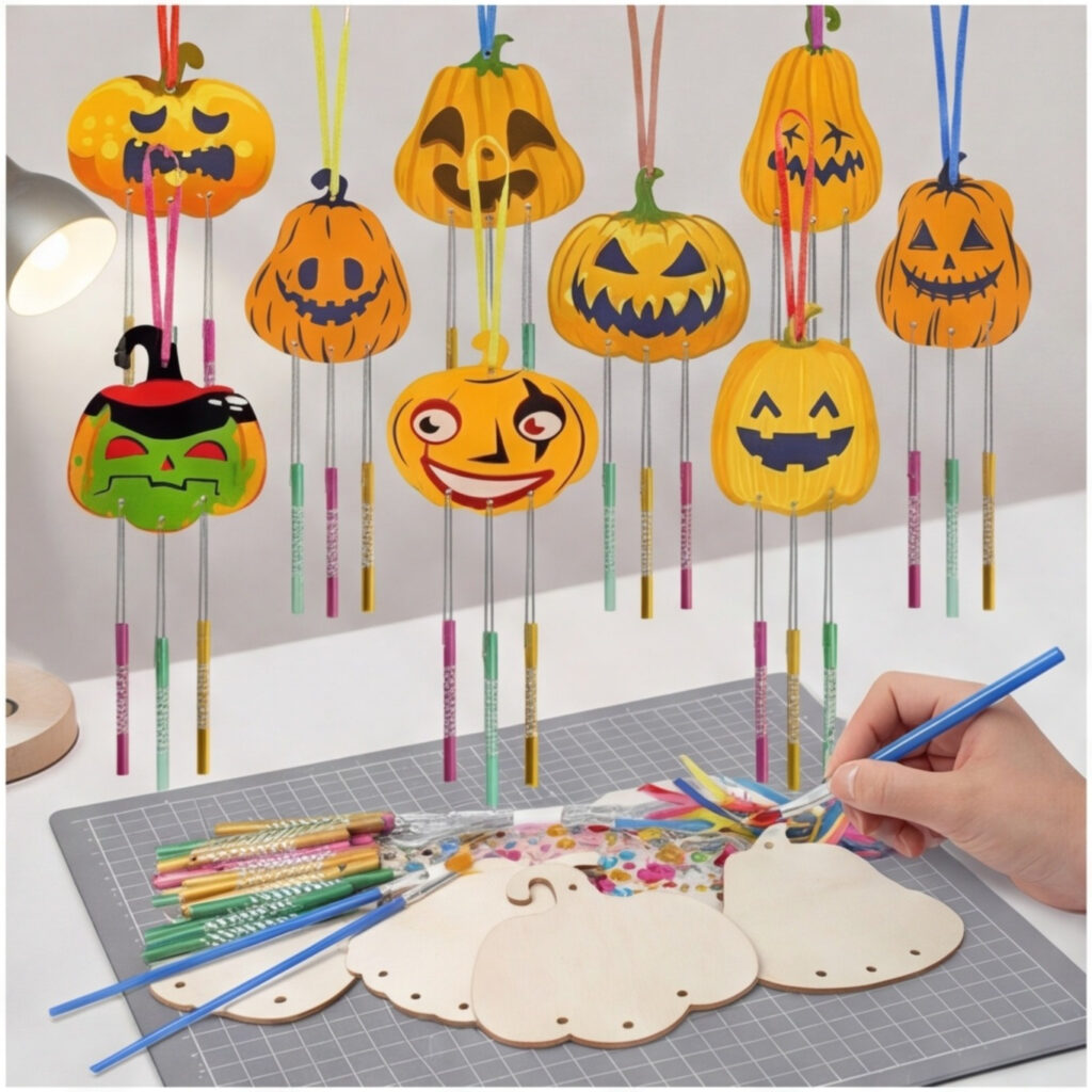 Pumpkin Wind Chime Set Of 9 With Brush And Ribbons - Decorative Wind Chime Set For Fall And Halloween Decor And Party Supplies
