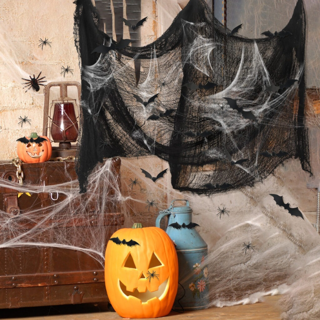 DIY Halloween Scary Cloth Halloween Decorations, Black Decorative Fabric For Halloween Party Decorations, Halloween Fake Spider Web With Creepy Fabric For Doors, Halls, Porches, And Windows