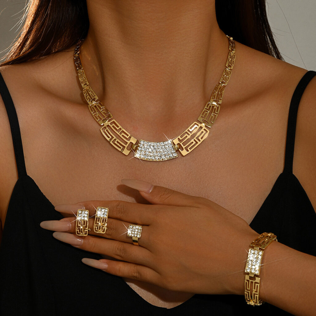 Women 4 Pcs Rhinestone Jewelry Set,Necklace Earrings Ring Bracelet,Alloy Costume Accessories For Daily Wedding Party Occasion