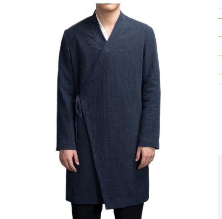 Spring national costume Chinese style ancient cotton and linen slanting Hanfu men's japan meditation jacket long traditional trench coat