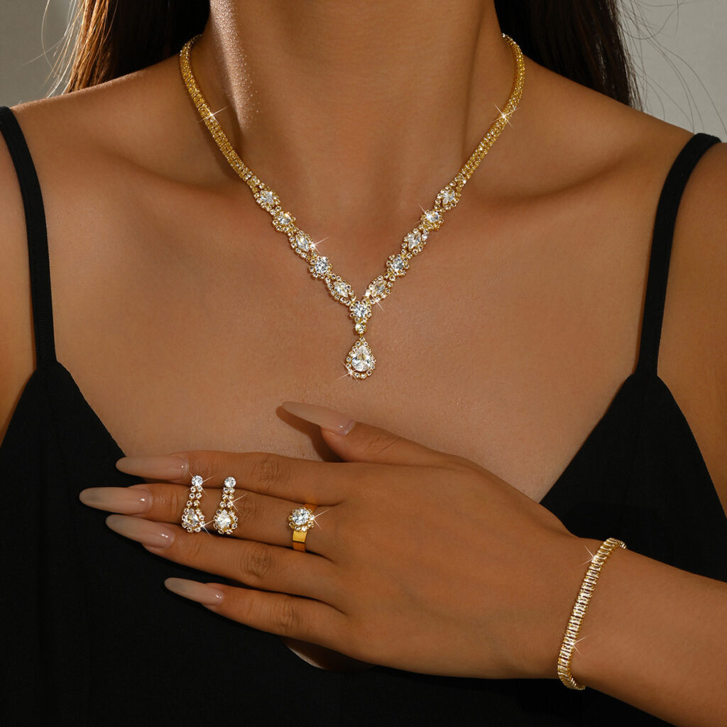 Women 4 Pcs Gold Tone Rhinestone Jewelry Set,Necklace Dangle Earrings Bracelet Ring,Glamorous Bridal Costume Accessories For Wedding Banquet Party Occasion