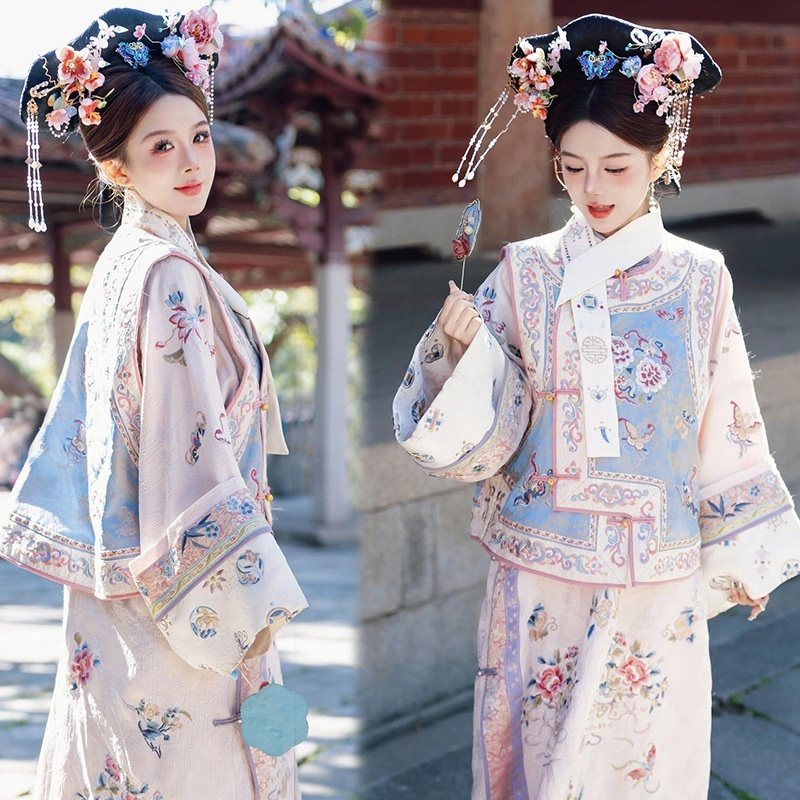 Women's Han Chinese Clothing Qing Dynasty Printed Ancient Costume Qing Dynasty Yanji Princess Cheongsam Court Princess Dress Two-piece Set - Image 6