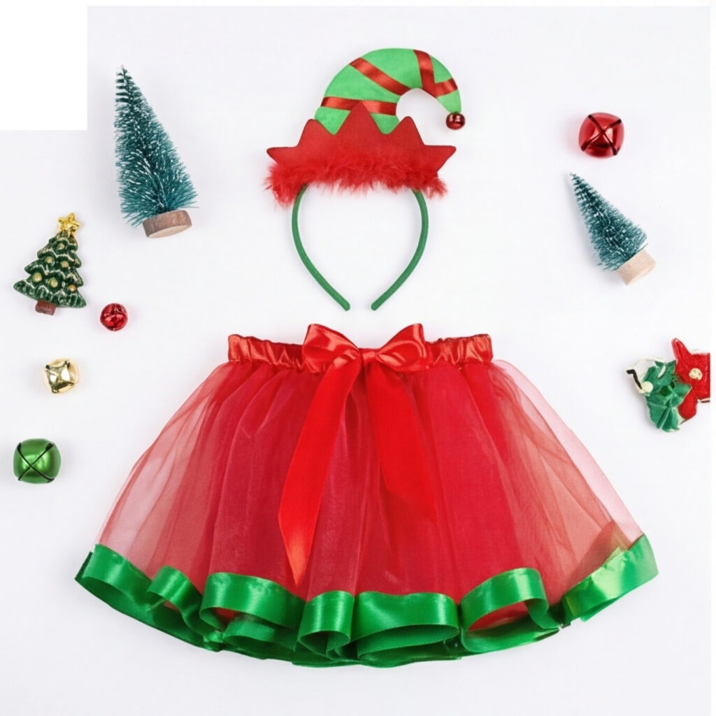 2-piece Fairy Dress Costume Set With A Green-and-red Tulle Skirt And Floral Headband, A Fairy-tale-inspired Fairy Outfit For Carnival, Halloween, And Theme Parties—party Accessory Set