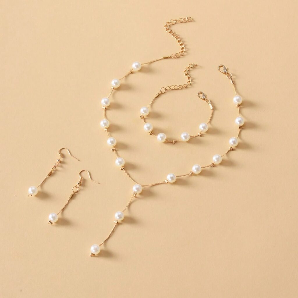4-piece Imitation Pearl Earrings, Bracelets, Necklace Jewelry Set, Wedding, Party, Vacation Accessories, Mother's Day, Valentine's Day, Wedding Anniversary, Birthday Gifts, Halloween, Christmas Gifts