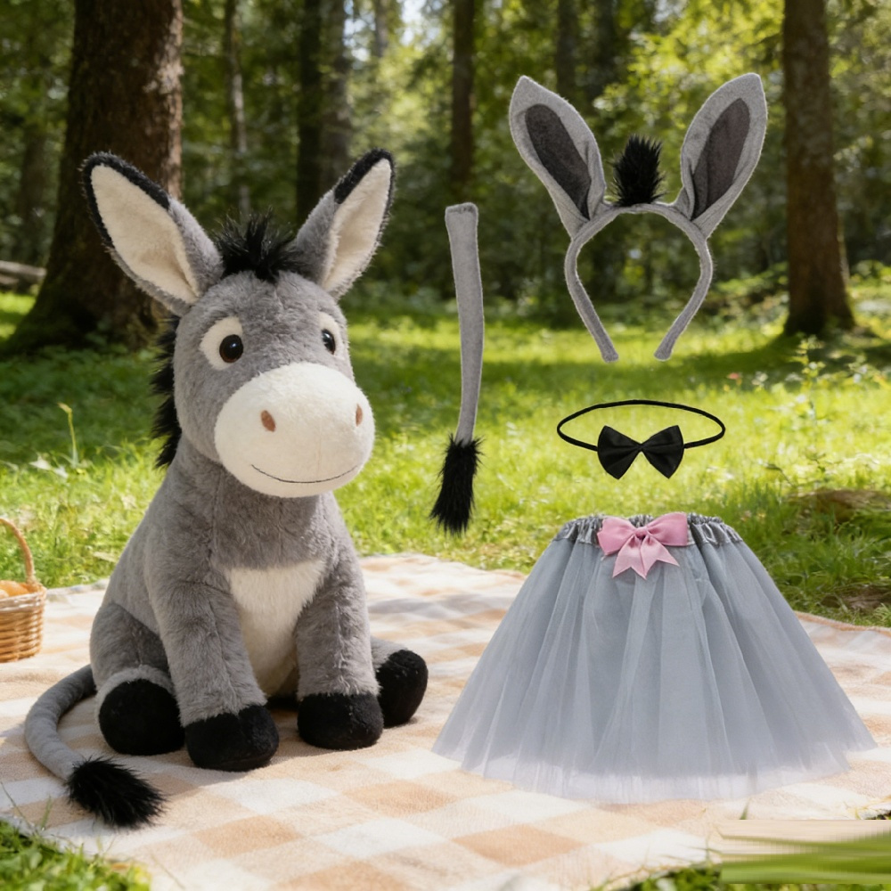 4-Piece Donkey Costume, Gray Donkey Outfit With Ears Headband, Tail, Bow, And Skirt, Cute Animal Costume For Cosplay, Carnival, And Halloween Party Accessory Set