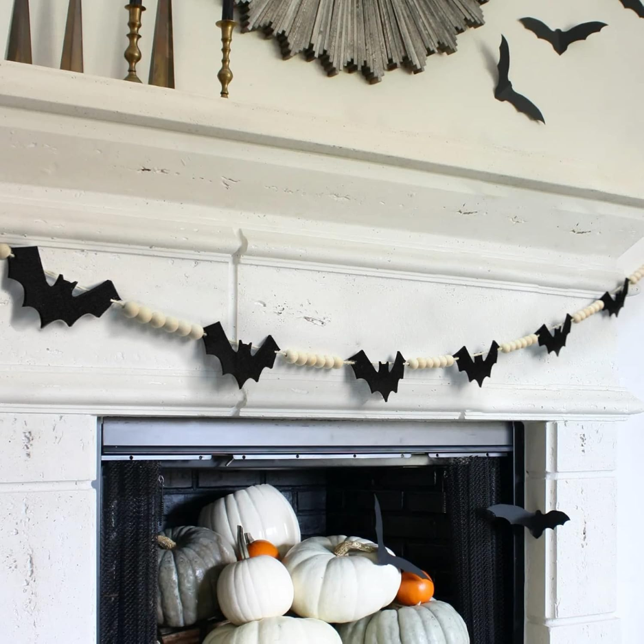 Halloween Wood & Felt Bat Garland 56 Indoor Hanging Banner Decor For Fireplace Mantel, Wall & Party
