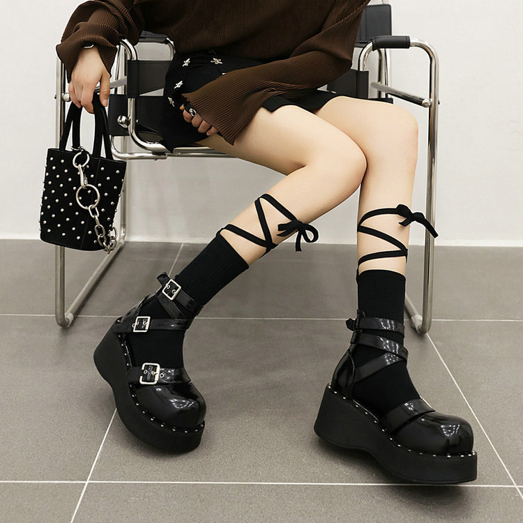 Mary Jane Bandage Shoes Lolita Women's Shoes Punk Song-promotion Costume Japanese Jk Preppy Style Height Increasing Skinny Platform Leather Shoes - Image 4