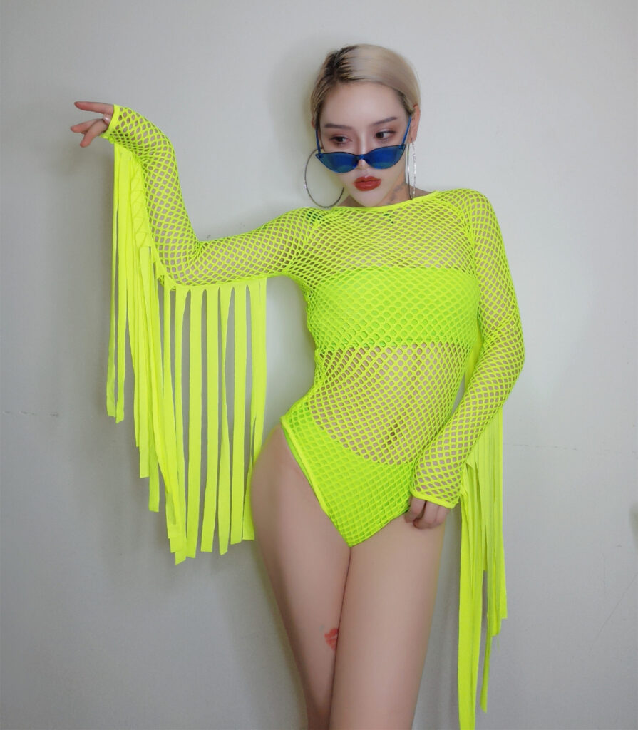 Fluorescent green grid one-piece nightclub lead dancer costume