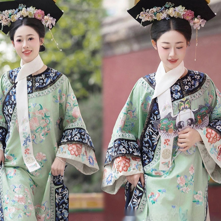 Women's Han Chinese Clothing Qing Dynasty Printed Ancient Costume Qing Dynasty Yanji Princess Cheongsam Court Princess Dress Two-piece Set - Image 8