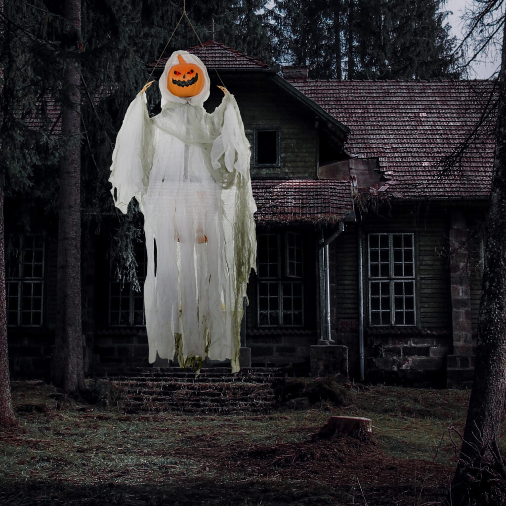 3.9 Outdoor Halloween Hanging Pumpkin Ghost w/ Light Up Eyes, Sound Activated Prop w/ Creepy Howling Sounds
