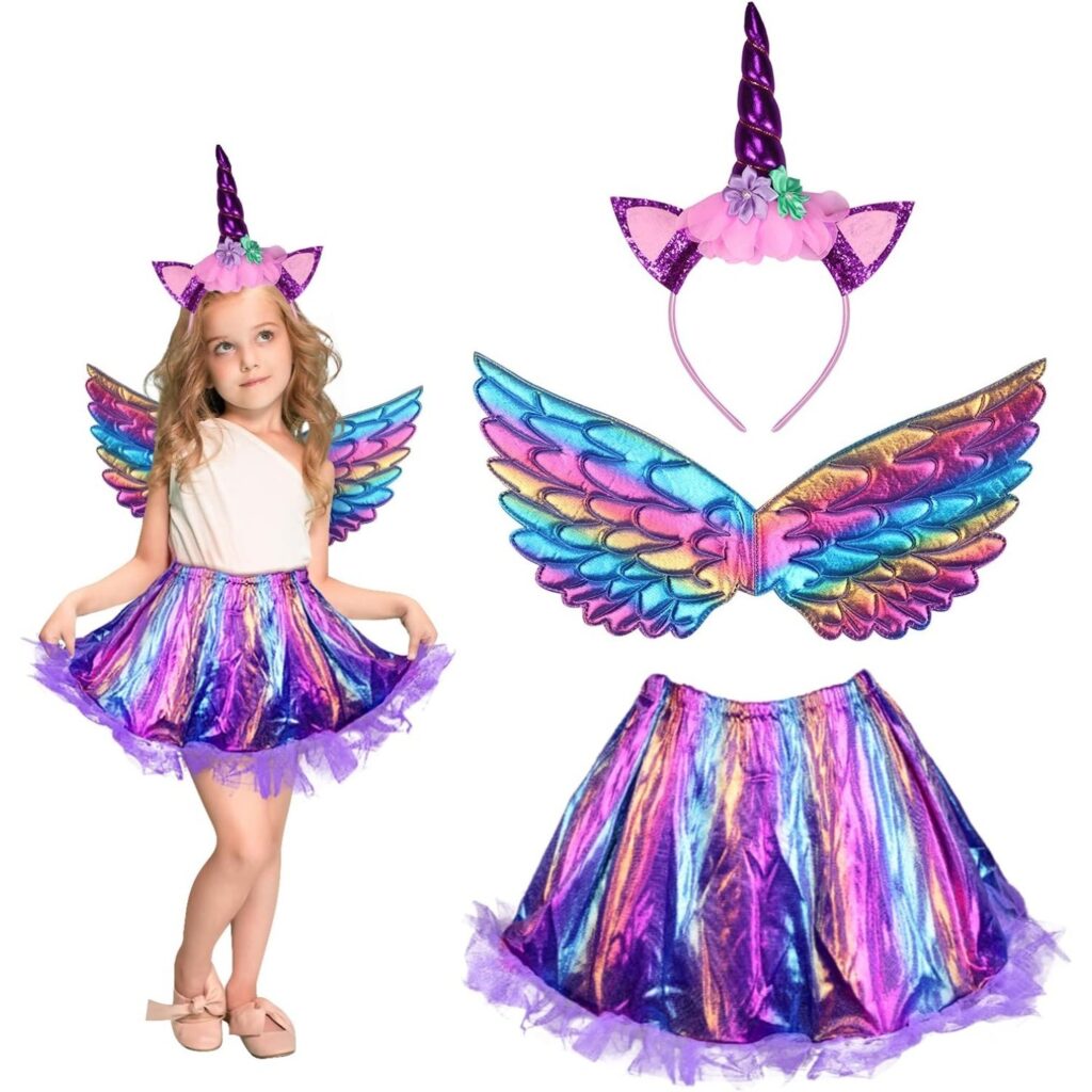 3-Piece Unicorn Princess Costume Set, Unicorn Headband With Wings And Tutu Skirt, Rainbow Unicorn Cosplay Costumes For Halloween And Unicorn Parties (Ages 3–9)