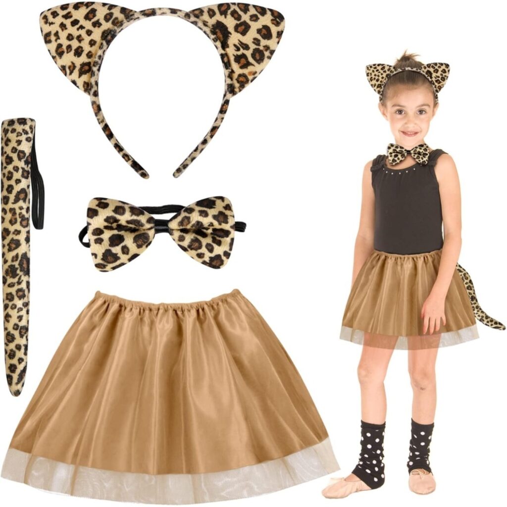 Set Of 4 Leopard Costume Headpiece With Leopard Ears, Brown Tulle Skirt, Tail, And Bow Tie—Jaguar, Carnival, Halloween, Fancy Dress, Birthday Theme Party