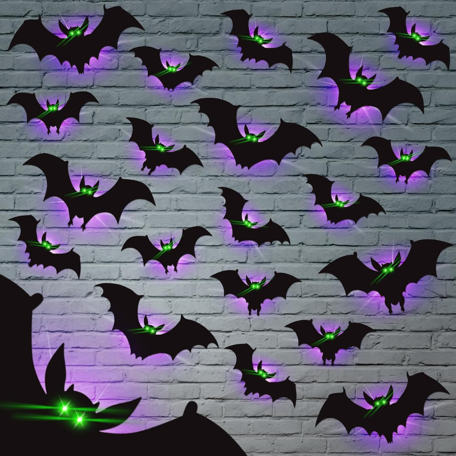 24 Pcs Halloween Bat Wall Stickers, Glow In The Dark Eyes, 4 Styles Removable PVC Decor