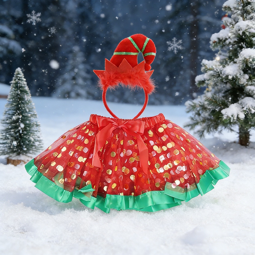 Christmas Elf Costume, 2-Piece Red-and-Green Elf Set With Headband & Polka-Dot Skirt, Festive Christmas Outfit For Carnival, Cosplay, And Christmas Party—Party Accessory Set