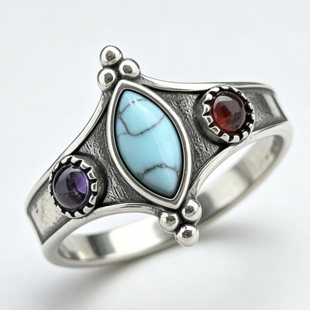 Boho Turquoise Style Ring For Women Antique Silver Plated Marquise Natural Stone Look Finger Rings Southwest Western Tribal Costume Jewelry
