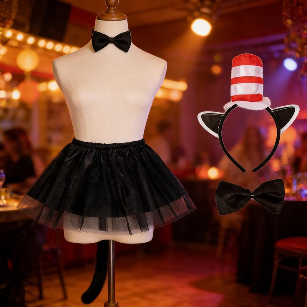 Complete Cat Costume Set: Black Fishnet Skirt, Headband, Tail With Bow - For Parties And Party Decorations