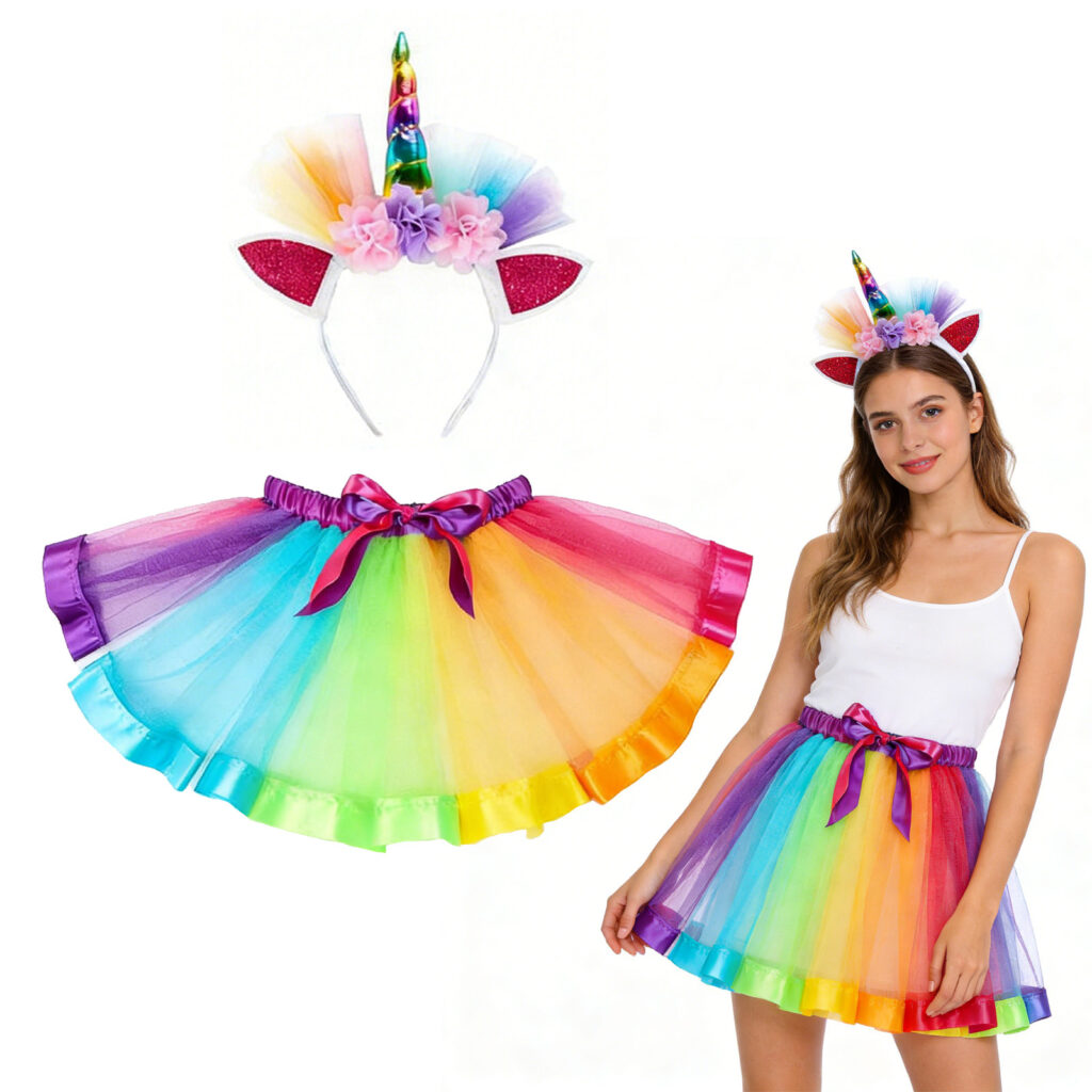 Rainbow Unicorn Costume 2-Piece Set, Unicorn Headband + Rainbow Skirt, Magical Carnival Costume For Carnival And Halloween Party Accessory Set