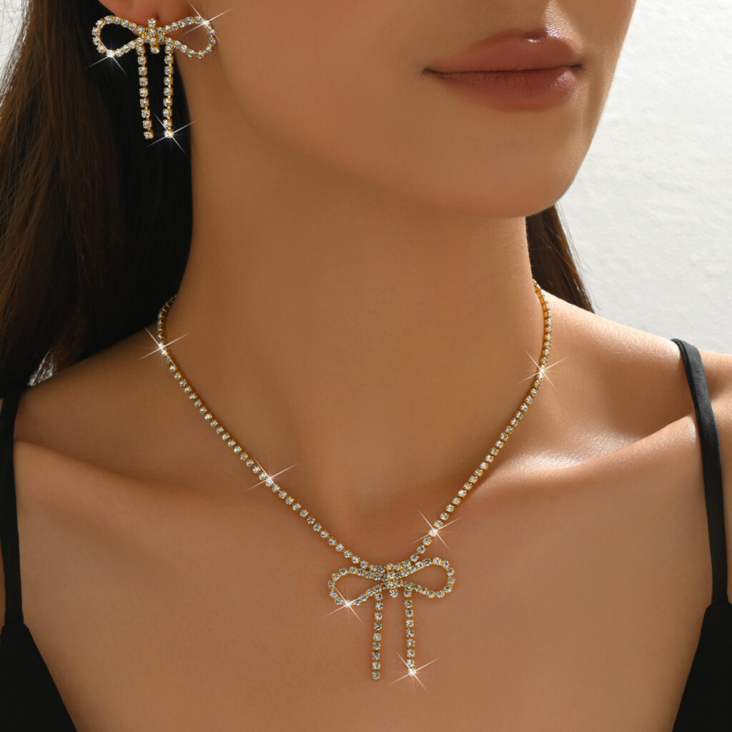 Women Bow Rhinestone Necklace And Earrings Set,Exaggerated Trendy Bridal Costume Accessories For Banquet Party Occasion