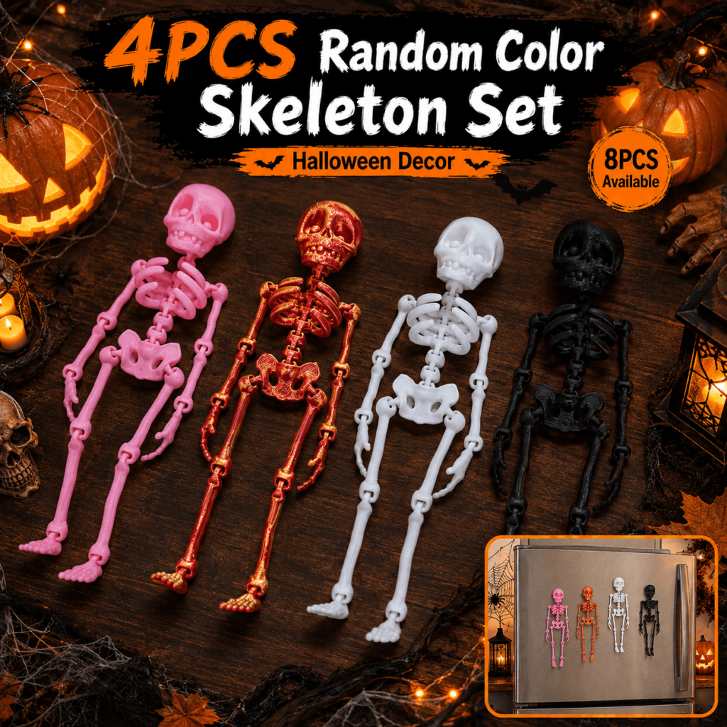 4PCS 3D Printed Skeleton Refrigerator Magnets, Halloween Skeleton Figurines, Articulated Mini Skull Magnets For Fridge Decoration, Party Decor & Gift