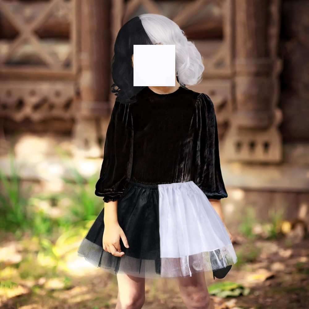 Two-piece Cruella Costume Consisting Of A Black-and-white Tulle Skirt And A Wig, Complete With Ten Hair Clips And Accessories. Perfect For Carnival And Theme Parties—event And Party Supplies. - Image 3