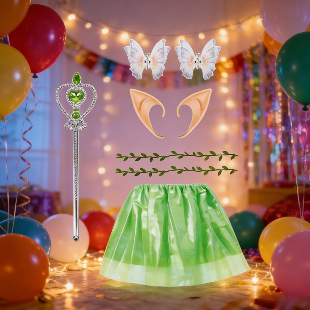 5-piece Fairy Dress Costume Set With A Green Skirt, Ears, Headband, Wing Clips, And Magic Wand—a Magical Fairy Outfit For Carnival And Theme Parties—party Accessory Set