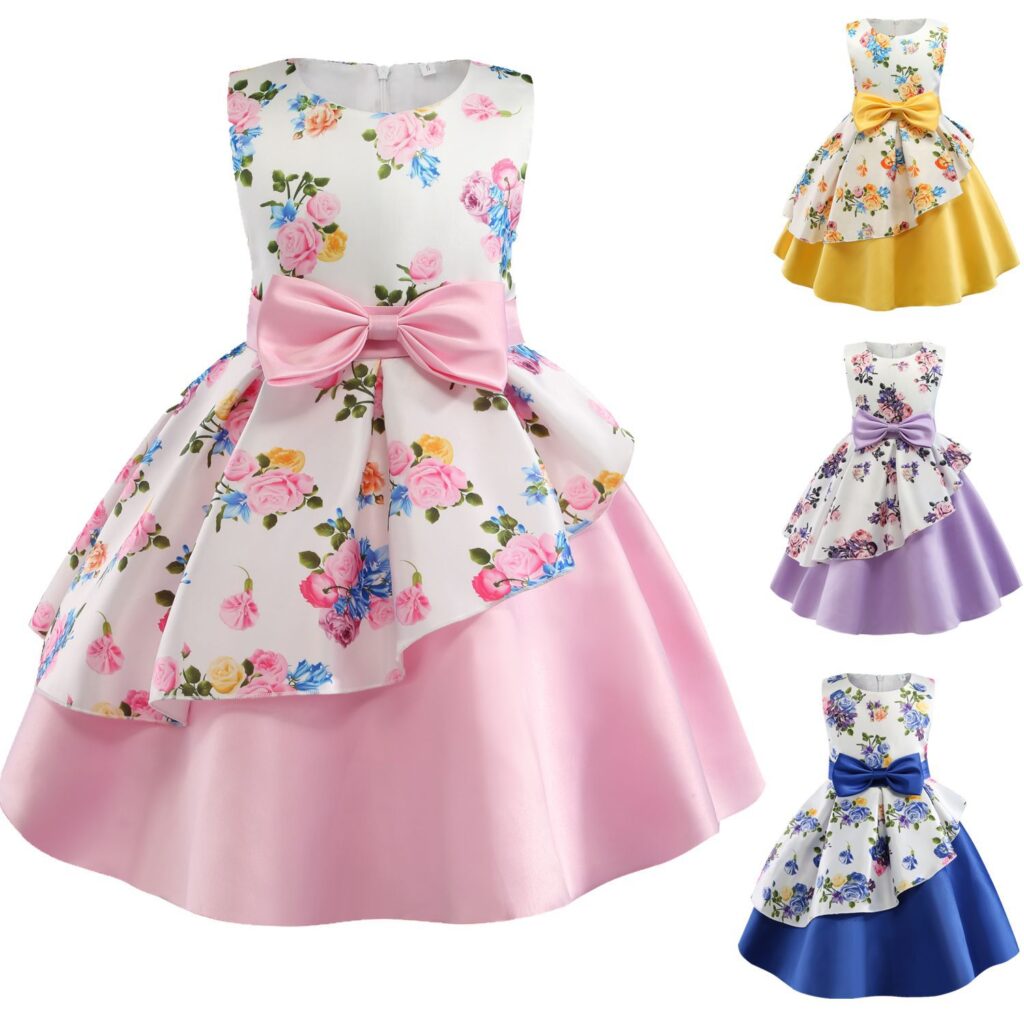 Irregular Skirt Print Children's Dress Bow Costume