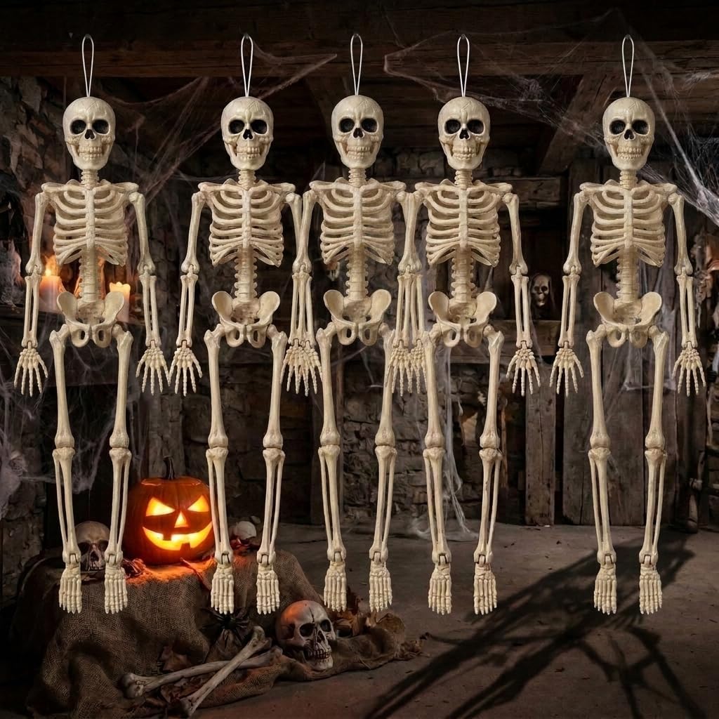 5 Pack Small Skeleton Halloween Decorations, 16 Inch Mini Skeleton Figures For Indoor Outdoor Home, Party, Tabletop & Seasonal Decor