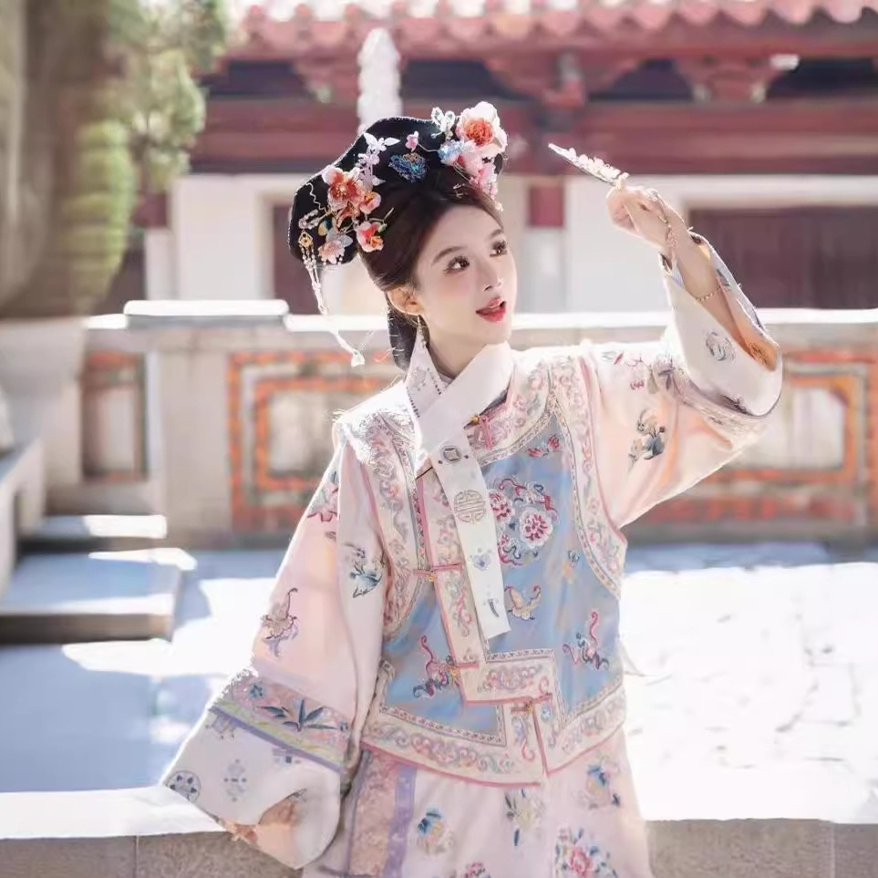 Women's Han Chinese Clothing Qing Dynasty Printed Ancient Costume Qing Dynasty Yanji Princess Cheongsam Court Princess Dress Two-piece Set - Image 4