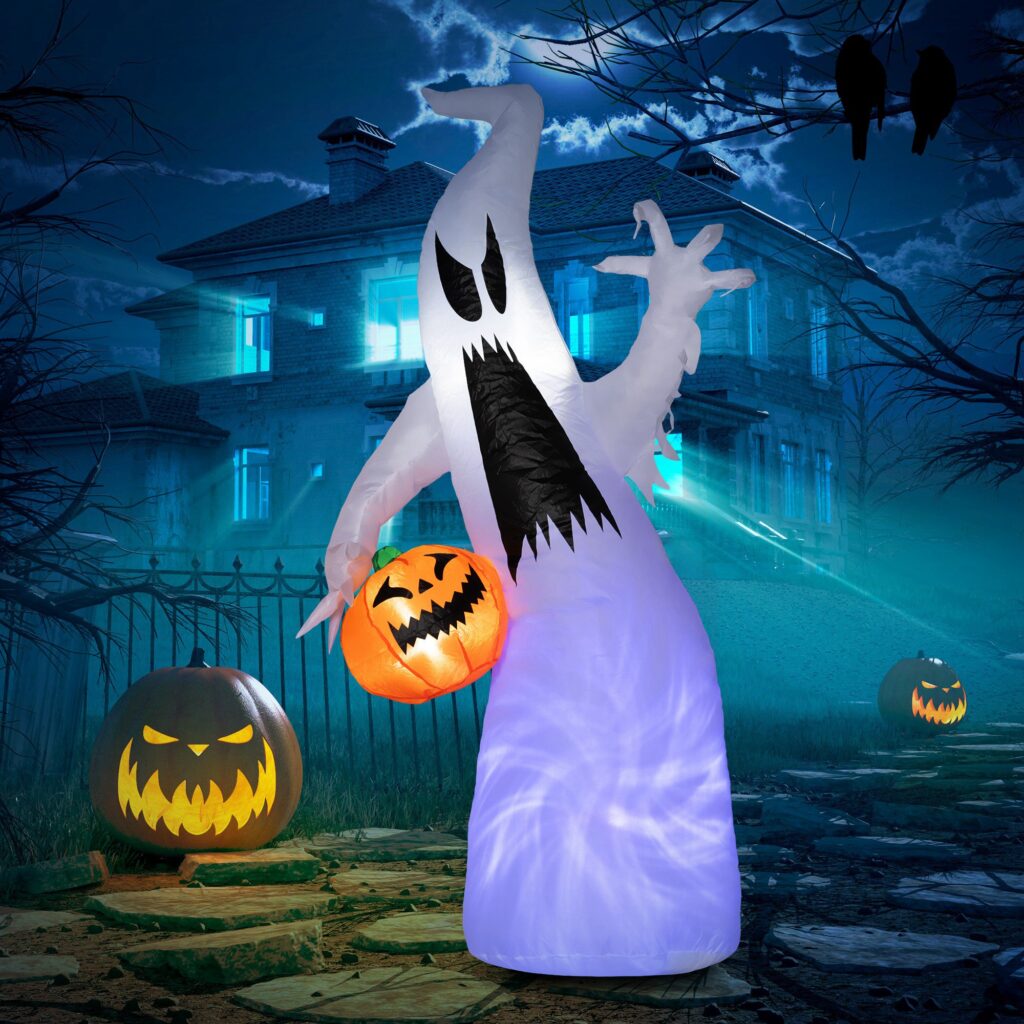 5.9 Halloween LED Yard Decor Ghost with Pumpkin, Blow Up Inflatable Outdoor Decoration, Waterproof