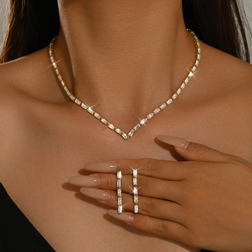 Women 2 Pcs Gold Tone Baguette Rhinestone Jewelry Set,V Shape Choker Necklace And Long Dangle Earrings,Elegant Costume Accessories For Wedding Banquet Party Occasion