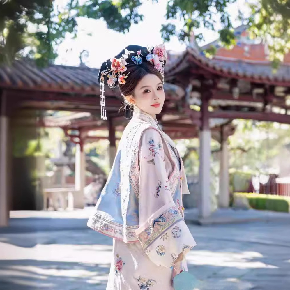 Women's Han Chinese Clothing Qing Dynasty Printed Ancient Costume Qing Dynasty Yanji Princess Cheongsam Court Princess Dress Two-piece Set - Image 2