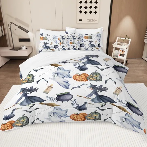 8 Pieces Halloween Comforter Set, Witch Pattern Bed In A Bag Bedding With Comforter Sheet Sham - 1 Comforter, 2 Pillow Shams, 1 Flat Sheet, 1 Fitted Sheet, 1 Cushion Cover, 2 Pillowcases Queen Size