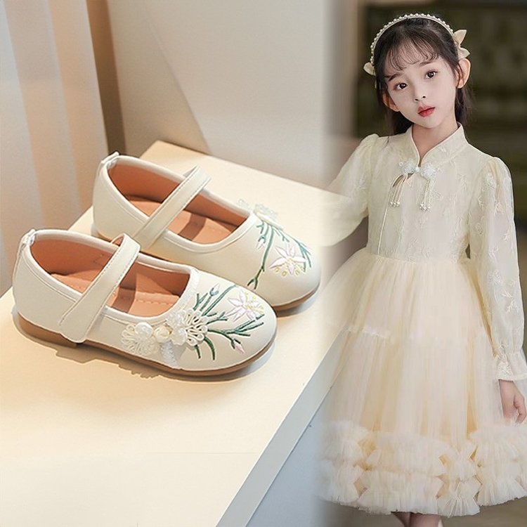 Ancient Style Girls Shoes, New Chinese Style Embroidered Flats, Spring And Autumn Hanfu Traditional Costume Shoes For Kids